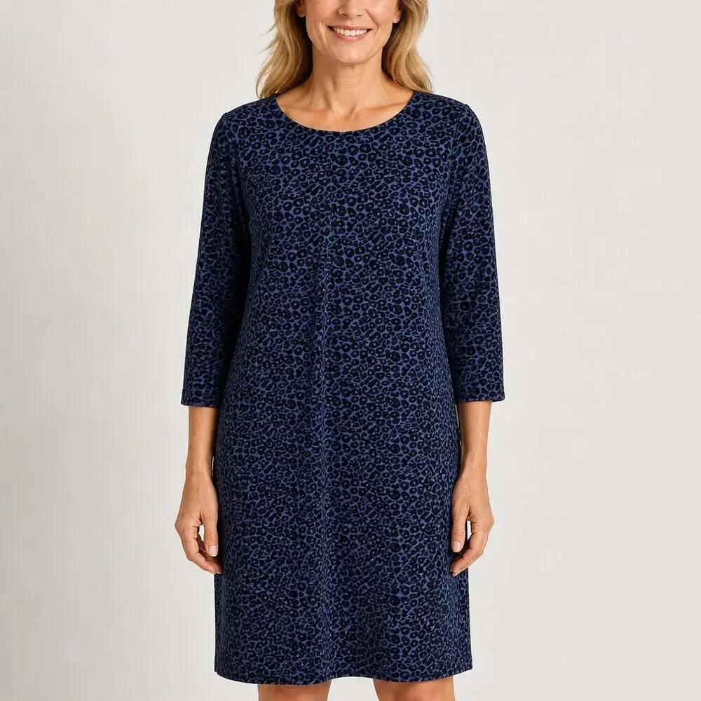 Spense Blue Velvet Burnout Shift Dress 8 Animal Pattern 3/4 Sleeves NWT